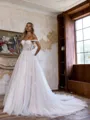 Breathtaking A-line Off-the-Shoulder Appliques Lace Cathedral Train Tulle Corset Wedding Dress