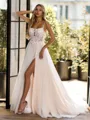Gorgeous A-line Spaghetti Straps Appliques Lace Chapel Train Tulle Corset Wedding Dress