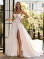 Gorgeous A-line Spaghetti Straps Appliques Lace Chapel Train Tulle Corset Wedding Dress