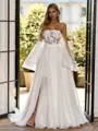Magnificent A-line Straight Long Sleeves Appliques Lace Court Train Organza Corset Convertible Wedding Dress