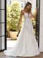 Striking A-line Illusion Appliques Lace Sweep Train Tulle Corset Wedding Dress