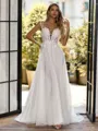Striking A-line Illusion Appliques Lace Sweep Train Tulle Corset Wedding Dress