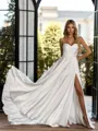 Luxurious A-line Spaghetti Straps Pleated Chapel Train Satin Chiffon Corset Wedding Dress