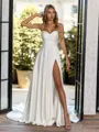 Luxurious A-line Spaghetti Straps Pleated Chapel Train Satin Chiffon Corset Wedding Dress