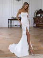 Exquisite Sheath Straight Pleated Sweep Train Satin Corset Wedding Dress