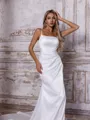 Show-stopping Sheath Spaghetti Straps Pleated Chapel Train Charmeuse Corset Wedding Dress