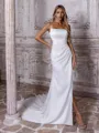 Show-stopping Sheath Spaghetti Straps Pleated Chapel Train Charmeuse Corset Wedding Dress