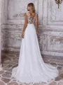 Unique A-line Illusion Appliques Lace Sweep Train Chiffon Corset Wedding Dress