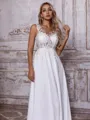Unique A-line Illusion Appliques Lace Sweep Train Chiffon Corset Wedding Dress