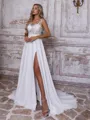 Unique A-line Illusion Appliques Lace Sweep Train Chiffon Corset Wedding Dress