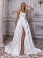 Glam A-line Straight Pleated Sweep Train Satin Corset Wedding Dress