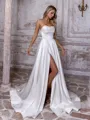 Glam A-line Straight Pleated Sweep Train Satin Corset Wedding Dress