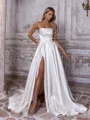 Glam A-line Straight Pleated Sweep Train Satin Corset Wedding Dress