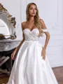 Splendiferous A-line Off-the-Shoulder Appliques Lace Chapel Train Satin Corset Convertible Wedding Dress