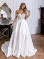 Splendiferous A-line Off-the-Shoulder Appliques Lace Chapel Train Satin Corset Convertible Wedding Dress