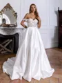 Splendiferous A-line Off-the-Shoulder Appliques Lace Chapel Train Satin Corset Convertible Wedding Dress