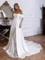 Hot A-line Off-the-Shoulder Appliques Lace Chapel Train Stretch Crepe Corset Wedding Dress