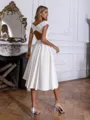 Stunning A-line V-Neck Short Sleeves Pleated Knee-Length Stretch Crepe Wedding Dress