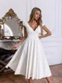 Stunning A-line V-Neck Short Sleeves Pleated Knee-Length Stretch Crepe Wedding Dress