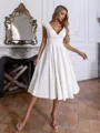 Stunning A-line V-Neck Short Sleeves Pleated Knee-Length Stretch Crepe Wedding Dress