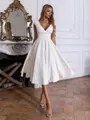 Stunning A-line V-Neck Short Sleeves Pleated Knee-Length Stretch Crepe Wedding Dress