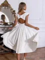 Stunning A-line V-Neck Short Sleeves Pleated Knee-Length Stretch Crepe Wedding Dress