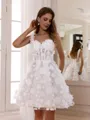 Unique A-line Off-the-Shoulder Appliques Lace Short/Mini Lace Corset Wedding Dress