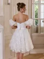 Exquisite A-line Square Short Sleeves Appliques Lace Short/Mini Lace Corset Wedding Dress