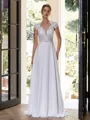 Pretty A-line V-Neck Short Sleeves Appliques Lace Floor-Length Chiffon Wedding Dress