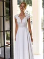 Pretty A-line V-Neck Short Sleeves Appliques Lace Floor-Length Chiffon Wedding Dress