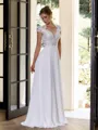 Pretty A-line V-Neck Short Sleeves Appliques Lace Floor-Length Chiffon Wedding Dress