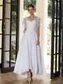 Hermosos A-line V-Neck Short Sleeves Appliques Lace Asymmetrical Chiffon Wedding Dress