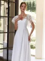 Hermosos A-line V-Neck Short Sleeves Appliques Lace Asymmetrical Chiffon Wedding Dress