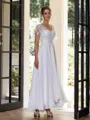 Hermosos A-line V-Neck Short Sleeves Appliques Lace Asymmetrical Chiffon Wedding Dress