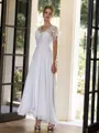 Hermosos A-line V-Neck Short Sleeves Appliques Lace Asymmetrical Chiffon Wedding Dress