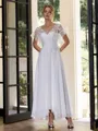 Hermosos A-line V-Neck Short Sleeves Appliques Lace Asymmetrical Chiffon Wedding Dress