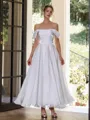 Unique A-line Off-the-Shoulder Pleated Ankle-Length Corset Wedding Dress