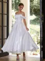 Unique A-line Off-the-Shoulder Pleated Ankle-Length Corset Wedding Dress