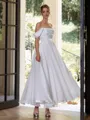 Unique A-line Off-the-Shoulder Pleated Ankle-Length Corset Wedding Dress