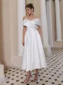 Graceful A-line Off-the-Shoulder Pleated Tea-Length Satin Corset Wedding Dress