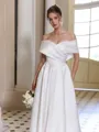 Graceful A-line Off-the-Shoulder Pleated Tea-Length Satin Corset Wedding Dress