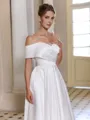 Graceful A-line Off-the-Shoulder Pleated Tea-Length Satin Corset Wedding Dress