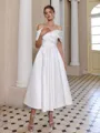 Graceful A-line Off-the-Shoulder Pleated Tea-Length Satin Corset Wedding Dress