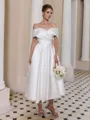 Graceful A-line Off-the-Shoulder Pleated Tea-Length Satin Corset Wedding Dress