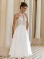 Trendy A-line Halter Appliques Lace Tea-Length Organza Wedding Dress