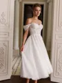 Glamorous A-line Off-the-Shoulder Appliques Lace Tea-Length Corset Wedding Dress