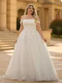 Perfect A-line Off-the-Shoulder Appliques Lace Court Train Tulle Corset Plus Size Wedding Dress