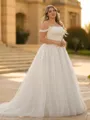 Perfect A-line Off-the-Shoulder Appliques Lace Court Train Tulle Corset Plus Size Wedding Dress
