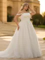 Perfect A-line Off-the-Shoulder Appliques Lace Court Train Tulle Corset Plus Size Wedding Dress