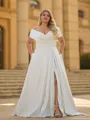 Fashion A-line Off-the-Shoulder Pleated Court Train Satin Corset Plus Size Wedding Dress